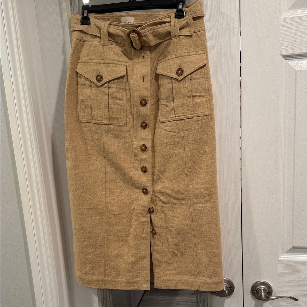 Sezane Tan Button-Front Midi Skirt with Belted Waist! BNWT